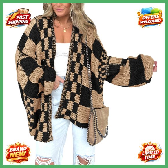 Chunky Knit Cardigan Open Front Oversized Cozy Sweater Checkered Pattern Casual
